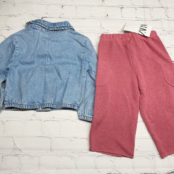 NWT Zara 12-18 month Girls Chambray Jacket + Knit Pants Bundle Blue Pink - Picture 5 of 6